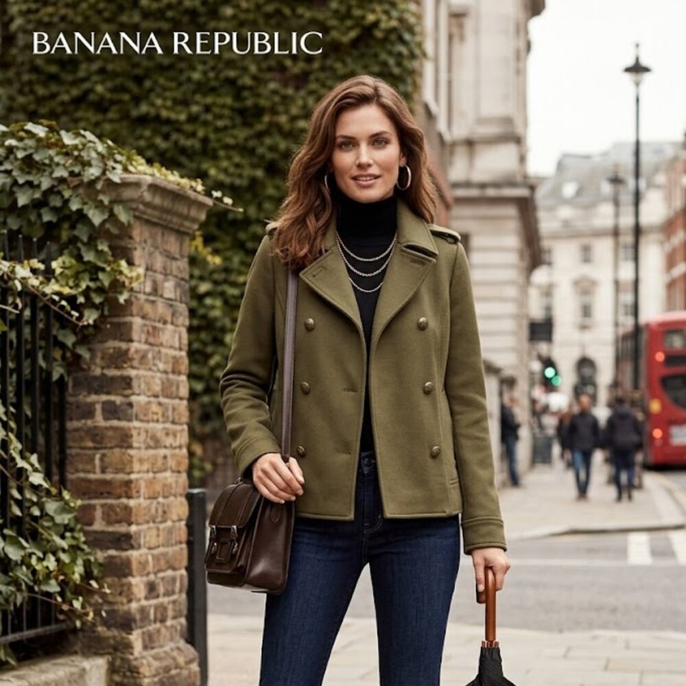 Banana Republic NEW Olive Green Military Jacket Double Breasted Pea Coat, sz S
